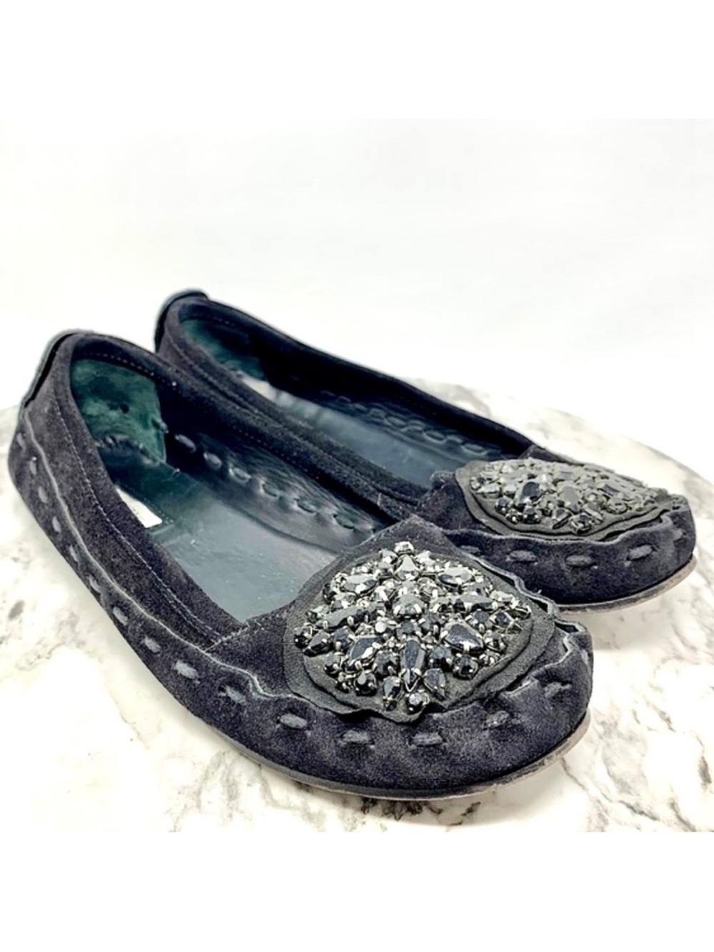 Vera Wang Lavender Label Embellished Black Suede Moccasin Flats 6.5 Edgy Casual